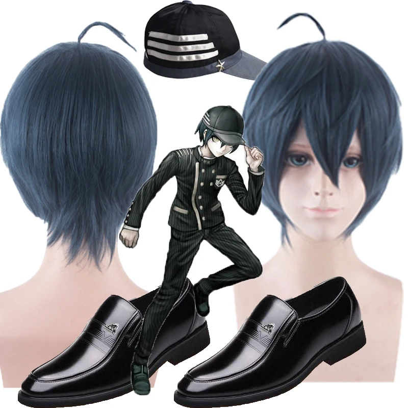 New Danganronpa V3 Cosplay Saihara Shuichi Cosplay shoes hat and wigs Black leather shoes Anime black hat Halloween suits Props