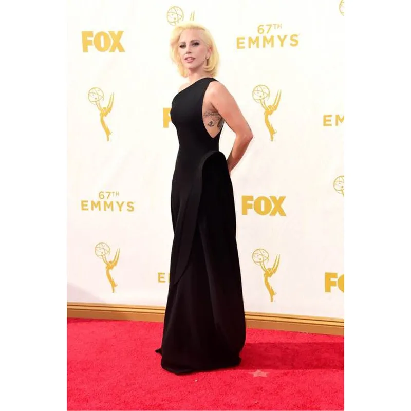 Elegant Lady Gaga Red Carpet Dresses 67th Emmy Awards A-Line Sexy Black Chiffon Party Gown Ruched One Shoulder Celebrity Dresses