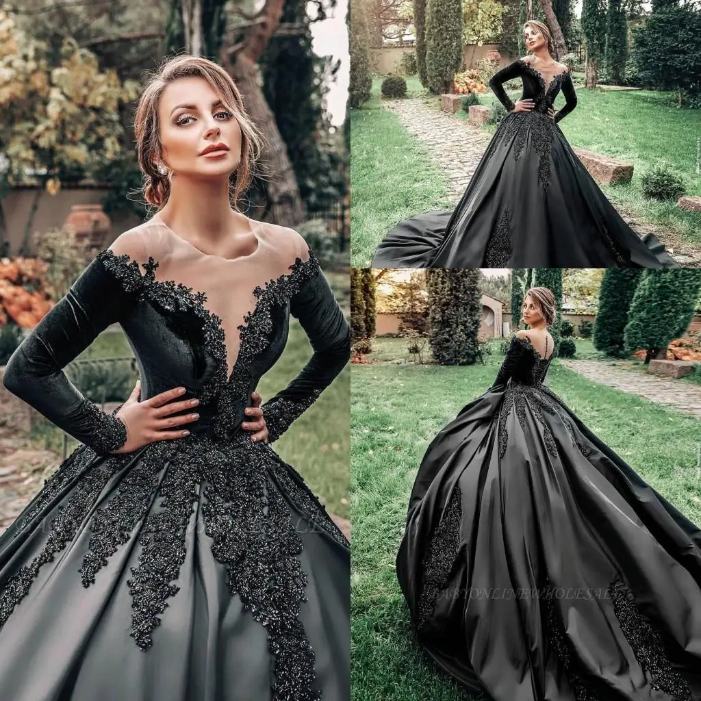 Vintage Black Gothic Forest Country Wedding Dresses Sheer Neck Long Sleeve Appliqued Swee Train Maternity Bridal Gowns Plus Size