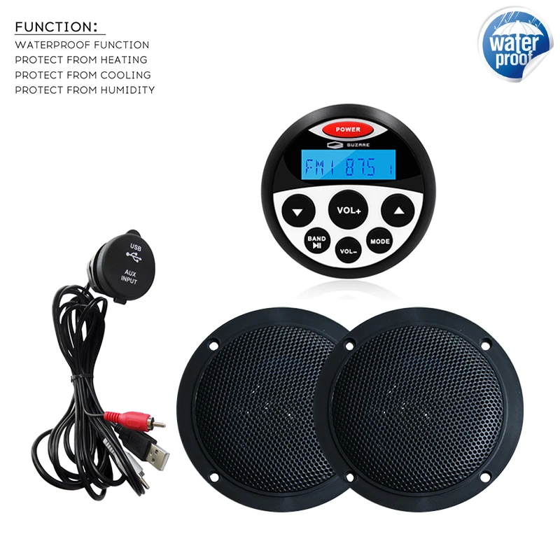 

Marine Radio Stereo Bluetooth Audio MP3 Player Sound System+4" Marine Waterproof Speaker+USB Cable For Boat RV UTV SPA Golf Cart