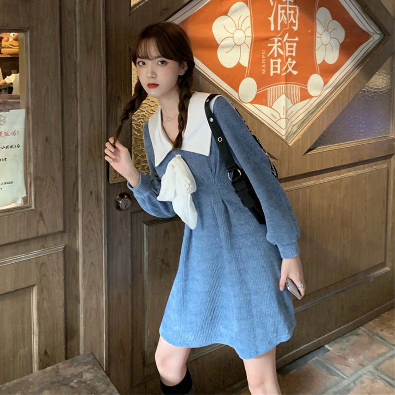 Japanese Style Beautiful Girl Bow Dress Women's Autumn and Winter 2020 New Thick Corduroy Mid-Length A- line  lolita dress