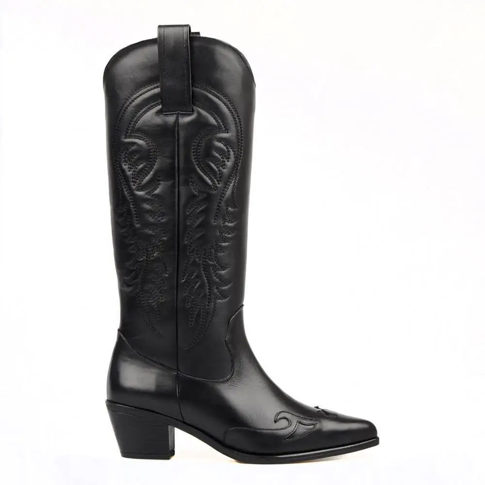 FootCourt- Black Cowboy Boots Knee High Boots Autumn Winter Women Boots Genuine Leather Made in Turkey Handmade Women Shoes