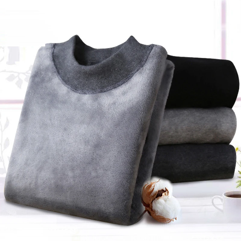 Men THERMAL TOPS SHIRTS Fleece-Lined Thicken One-Piece Top Thermal Underwear Half Turtleneck Cotton Sweater Suit Middle Collar