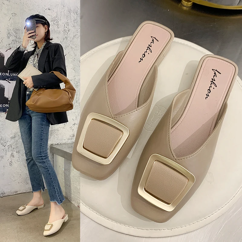 Slippers Women Summer 2021 New Fashion Square Toe Flats Sandals Women\'s Shoes Muller Cool Slipper Flip Flops Slides Outdoor