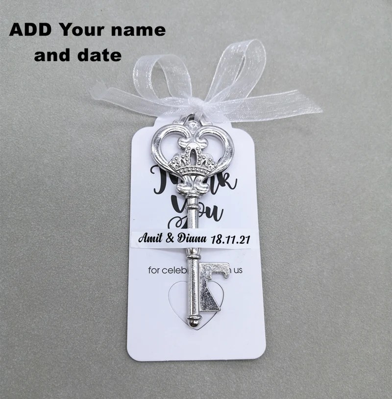 Hochzeitsgeschenke für Gäste Souvenirs Partygeschenke Kupferfarbener Skelettschlüssel Flaschenöffner mit personalisiertem Namensaufkleber – Detail 13