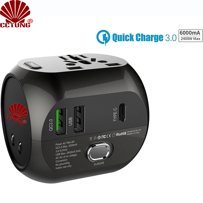 Universal EU US AU & UK All in One Travel Adapter Kit with Multi-port Quick Charger 3.0 USB Type C Max 30W/6000mAh Dual Fuse