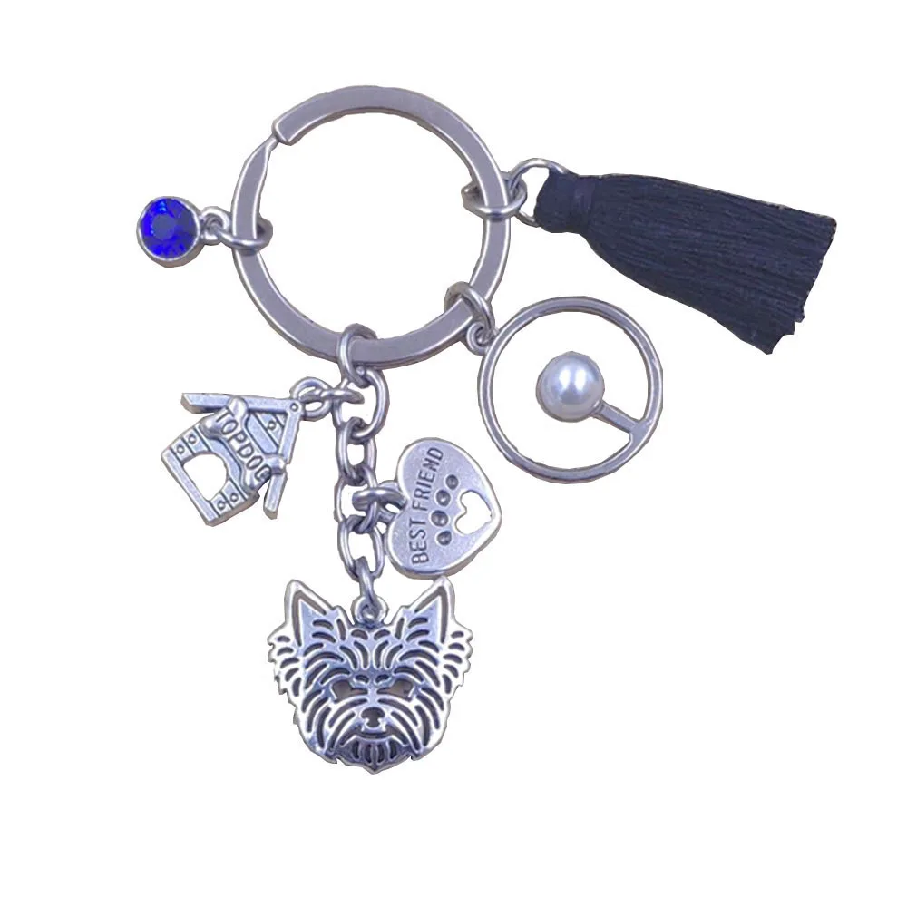 Yorkshire Terrier Dog Animal Ethnic Handmade Keychain Key Ring Pet Tassels Vintage Silver Color Women Men Jewelry K042-043-174