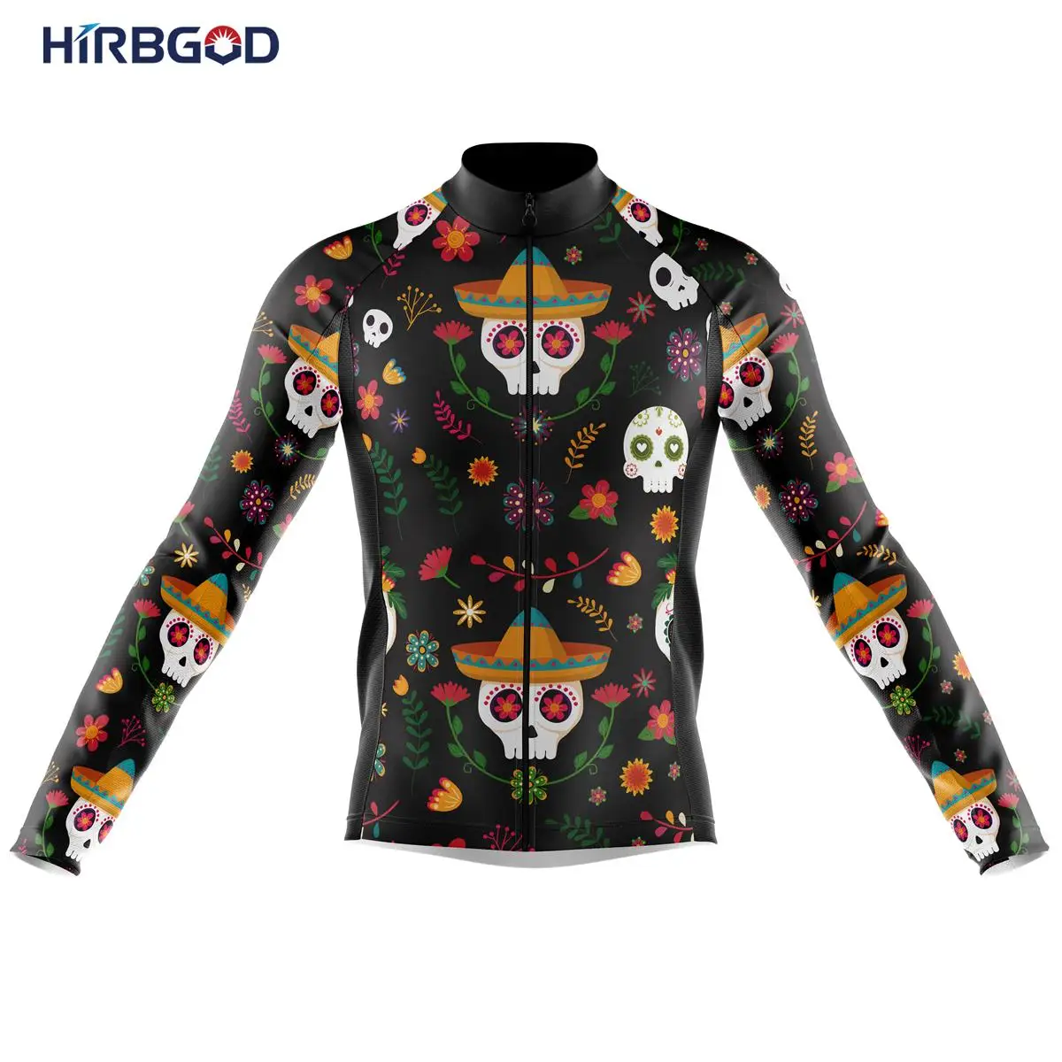 HIRBGOD Club Fit Colorful Funny Flower Skull Print Cycling Jersey Long Sleeve Bike Wear Lightweight Breathable Bicycle Clothes