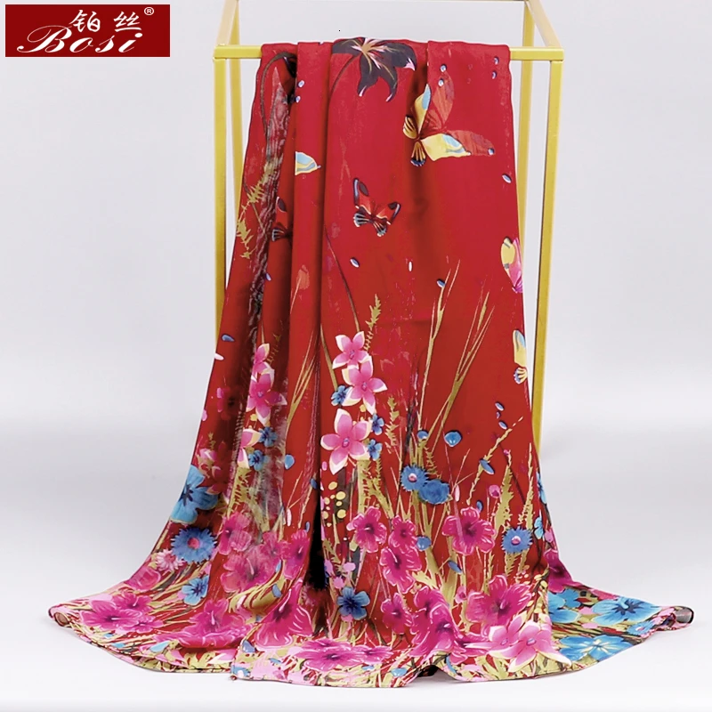 BOSI Chiffon Scarf  Woman Satin Long Scarves Flower Print Plaid butterfly Beach Luxury Brand ladies Hijab Head Stoles Spring