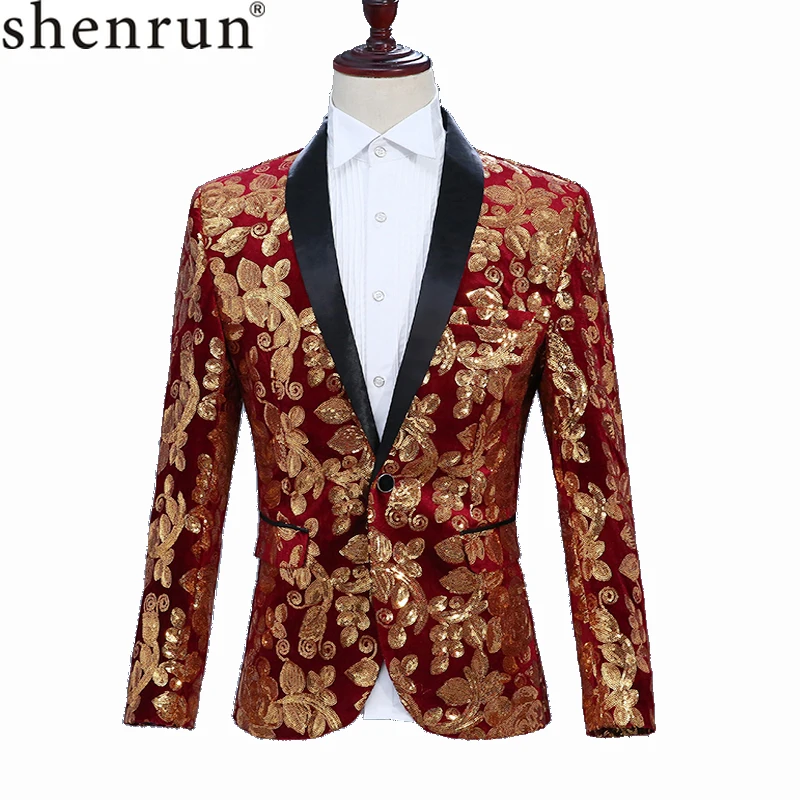 

SHENRUN Male Fashion Shawl Lapel Wine Red Velvet Gold Flowers Sequins Blazer Plus Size 5XL Stage Clothes For Singers Suit Jacket