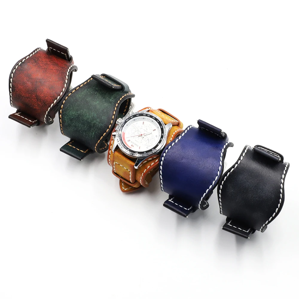 Leather Bund Strap Men\'s Watch Band 20mm 22mm 24mm Cowhide Cuff Watch Bracelet Yellow Blue Black Green Red Color Watch Strap