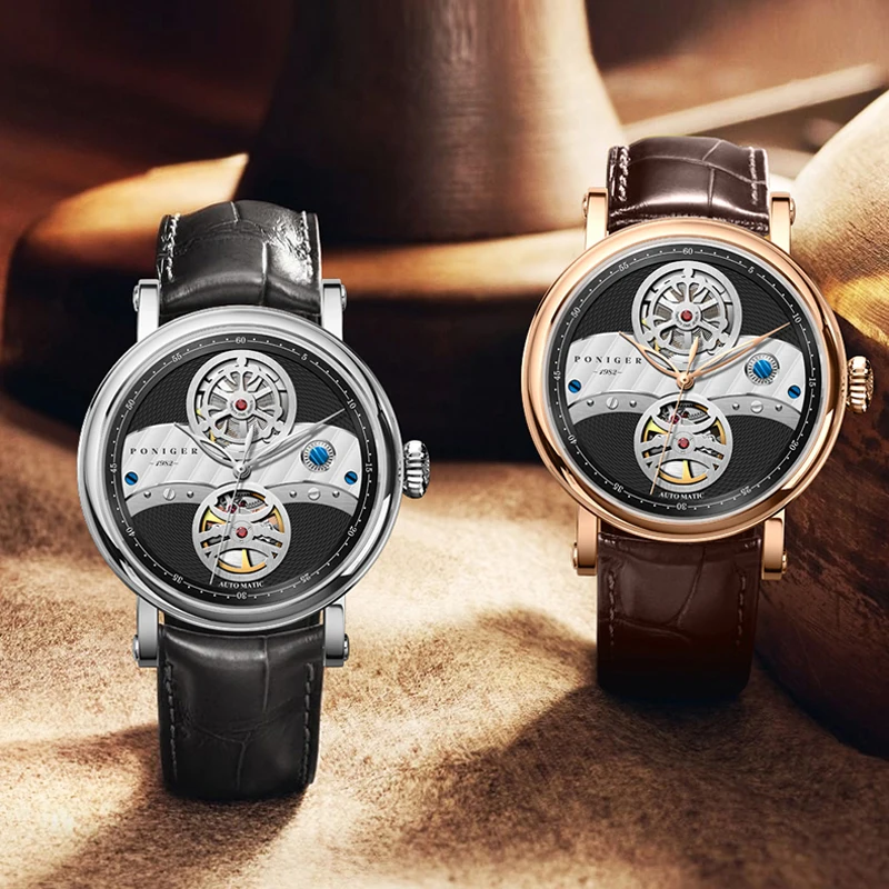 PONIGER Fashion Skeleton Automatic Mechanical Watch Genuine Leather Strap Men Wristwatch Sapphire Glass Waterproof Men Watch