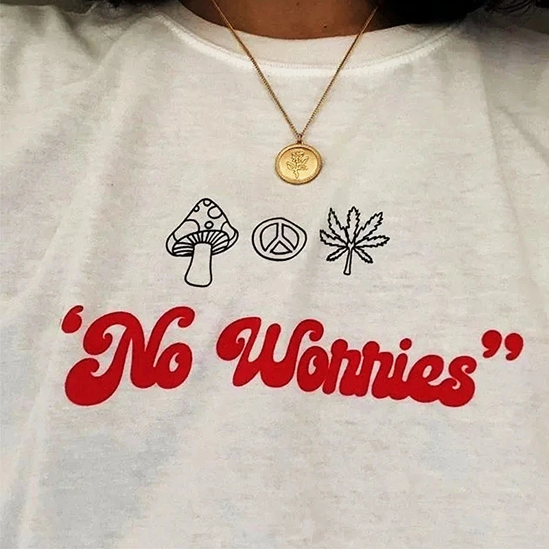 No Worries Mushroom Printed Cute Shirts For Female White Cotton Short Sleeve Vintage Tees Summer Loose Women Aesthetic Tshirt