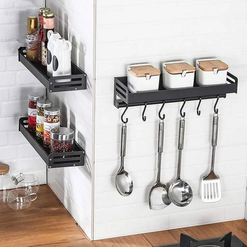 CANBOUN Kitchen Rack wall-mounted perforation-free Household Space Aluminum Seasoning Storage Rack Black Silver Pendant