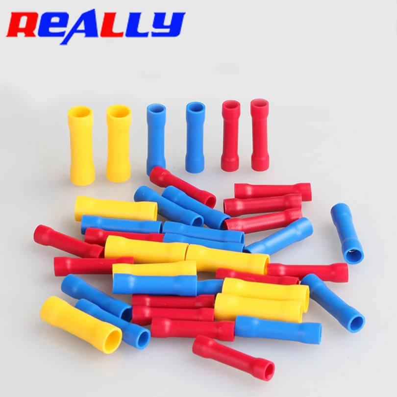 50/100Pcs BV Crimp Terminal Butt Splice Crimp Connector Wire Copper Insulated Electrical Straight Wire Terminal BV1.25 BV2 BV5