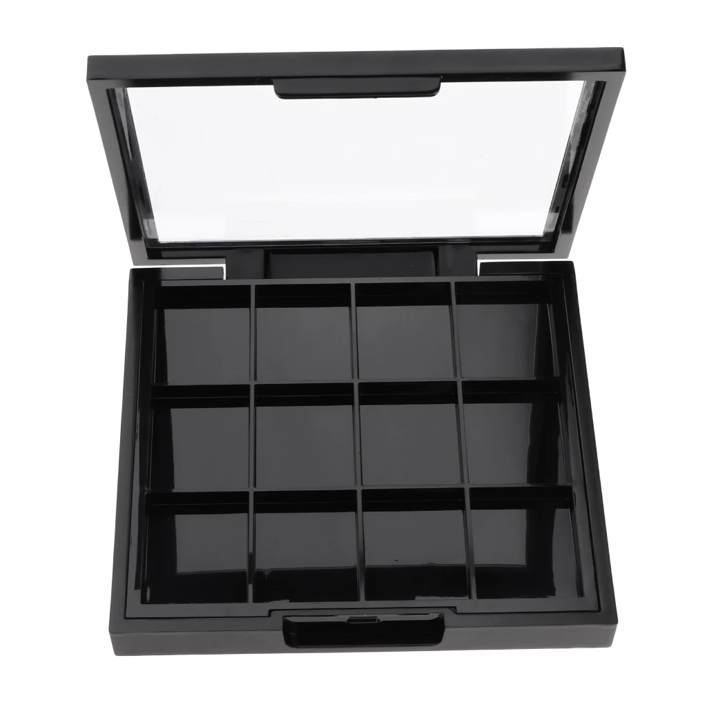 Empty Eyeshadow Makeup Palette - Large Powder Pallet Organizer with 12 Small Grids, Black Case with Clear Lids