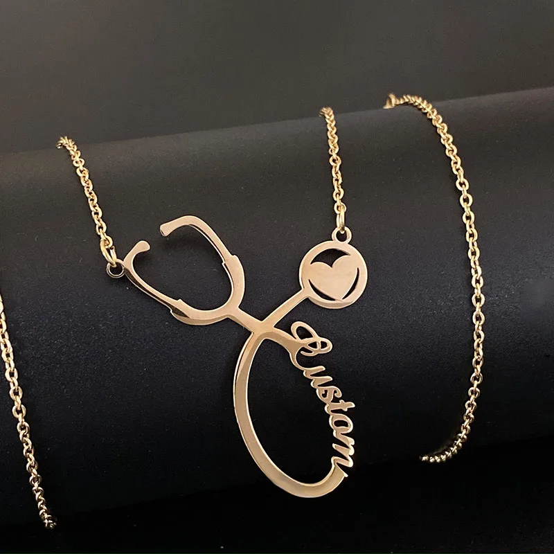 Customized Custom Stethoscope Name Necklace For Women Men Gold Silver Color Name Necklace Personalized Stainless Steel Jewelry