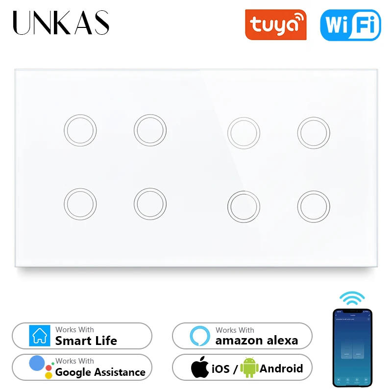 

UNKAS 8 Gang Wifi EU Standard Touch On / Off Smart Switch Crystal Glass 157mm Panel Work Tuya Alexa / Google Home Outlet