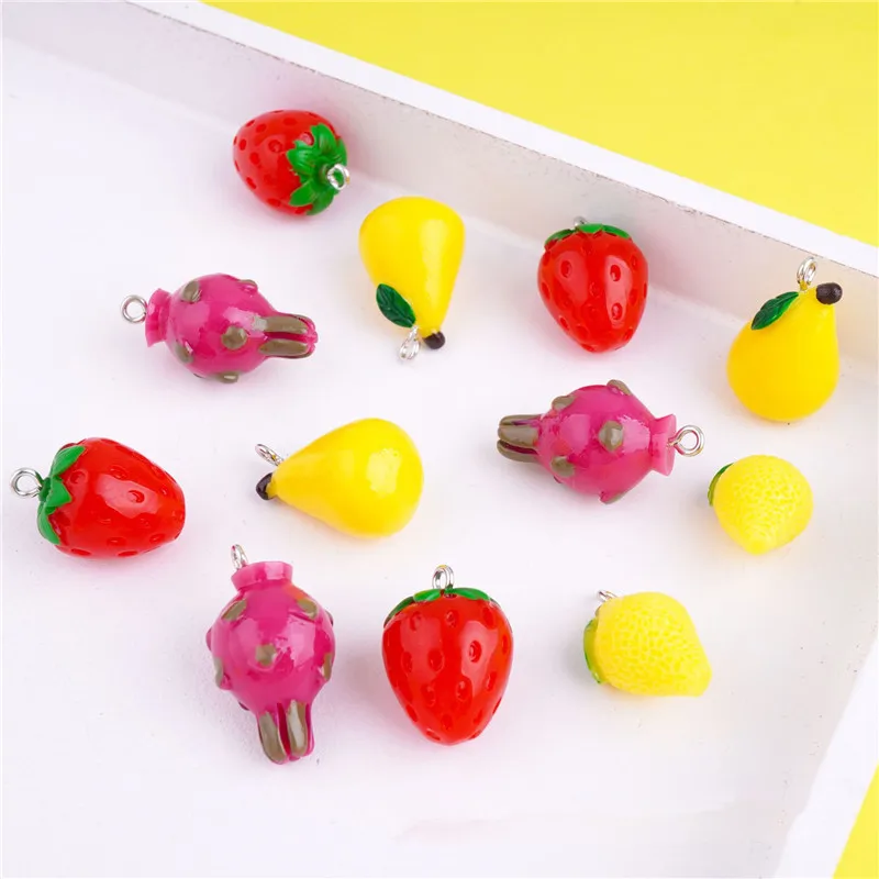 50pcs/lot color print fruit style cartoon Strawberry Pitaya Lemon Pear shape resin beads diy jewelry garment/keychain accessory