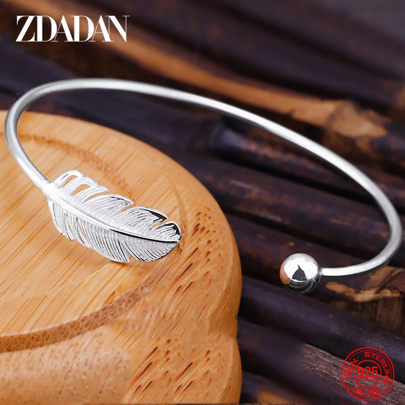 

ZDADAN 925 Sterling Silver Round Bead Feather Charm Bracelet & Bangles Adjustable Braclets For Women Wedding Jewelry Gift