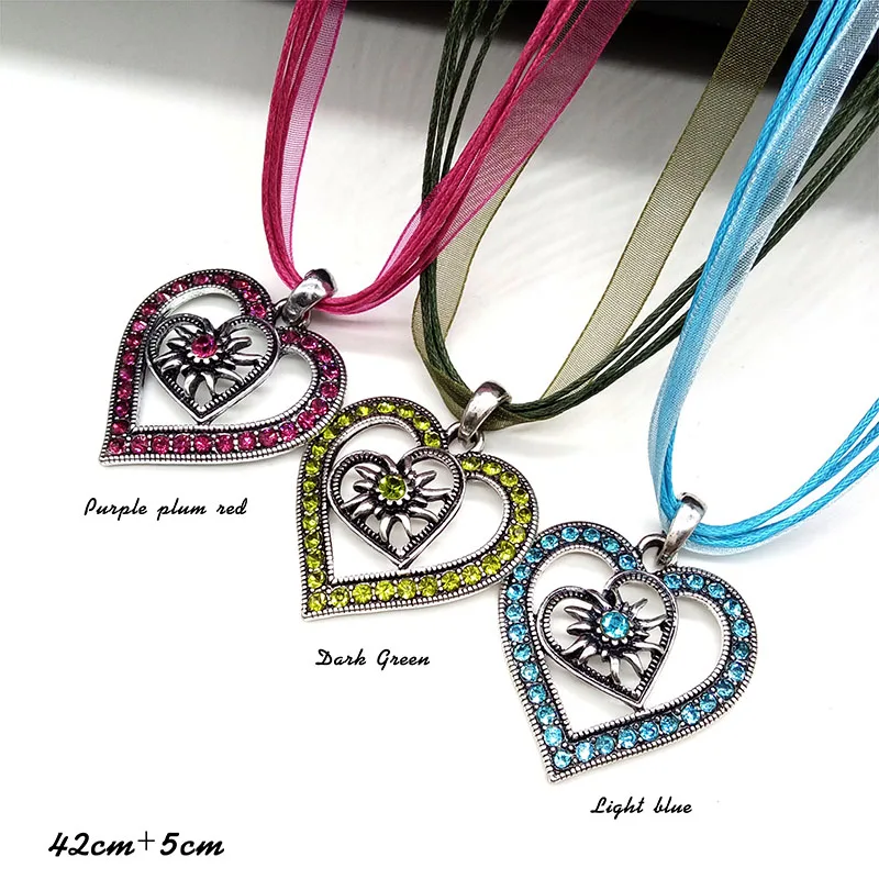 Traditional Organza Rope Necklace Shiny Crystal Heart Shape Pendant Perfect for Dirndl Costume Necklace Fashion Jewelry Wholesal