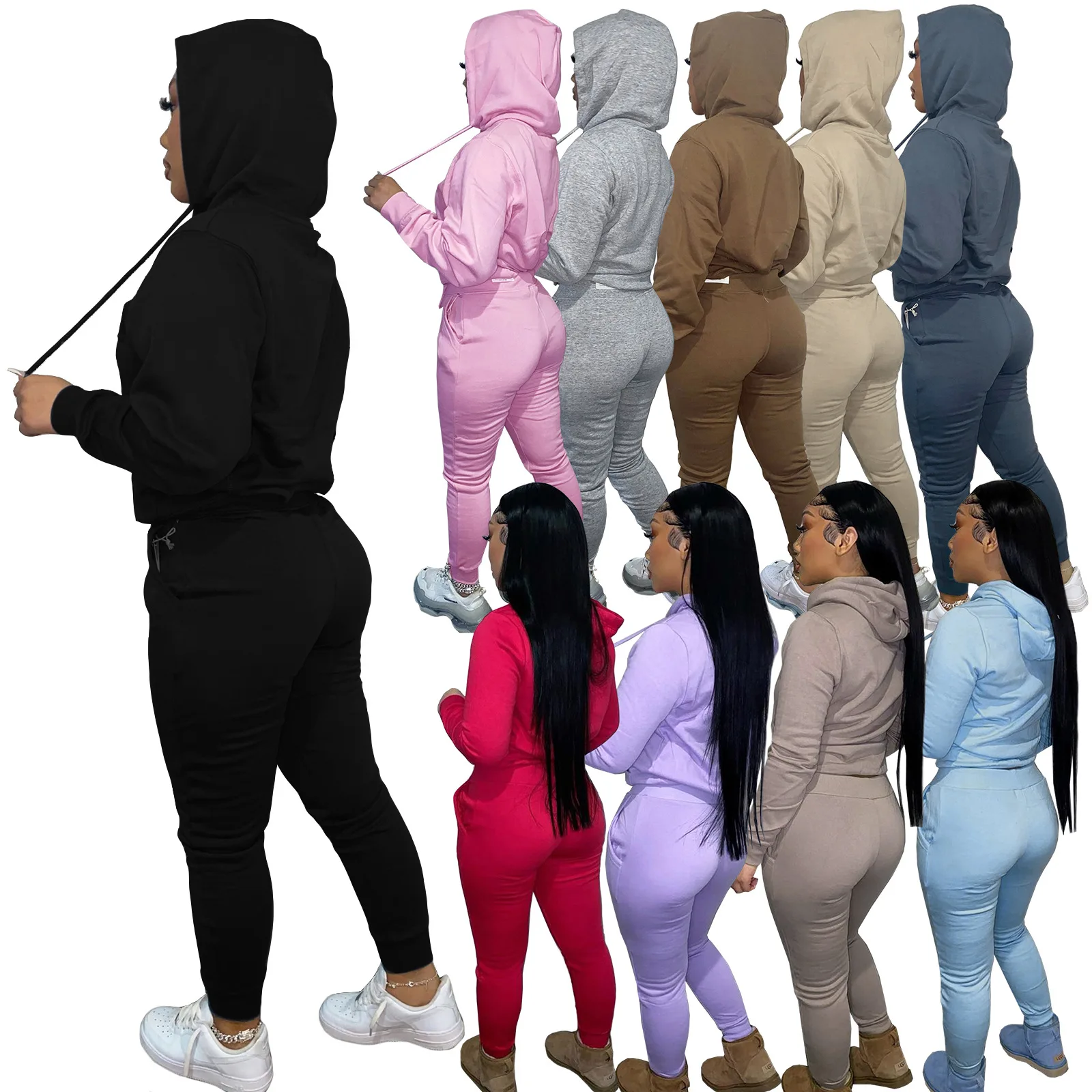 Thicken Fleece Hoodie Two-piece Set Women Solid Hoodie +Sexy Stacked Sweatpants Sports Jogger Suit Bulk Item In Wholesale Lots