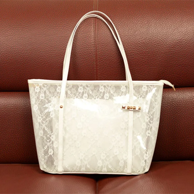 Lace PVC Women Bag Summer Bag Beach Bag Shoulder Bag Fashion Handbag Plastic Clear Bag Big Transparent Bag white pink black