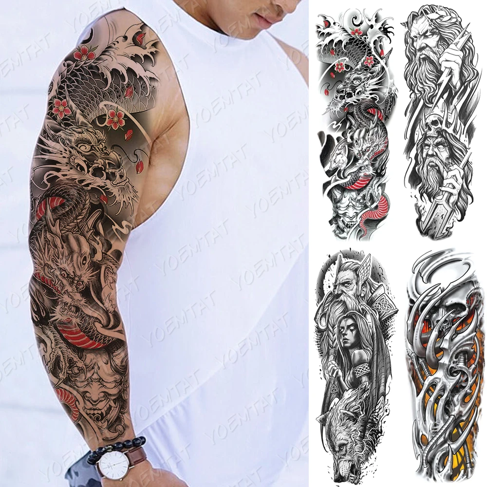 Tatuaggio manica grande braccio drago giapponese Prajna adesivo tatuaggio temporaneo impermeabile Body Art meccanico tatuaggio finto completo donna