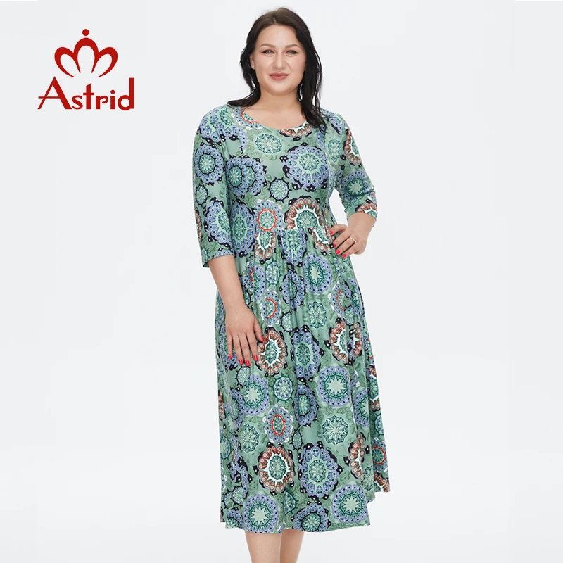 Astrid frauen Sommer Kleid 2022 für Frauen Lose Boho Casual Plus größe Strand Blume Drucken silk Lange Grün Kleider mit halskette