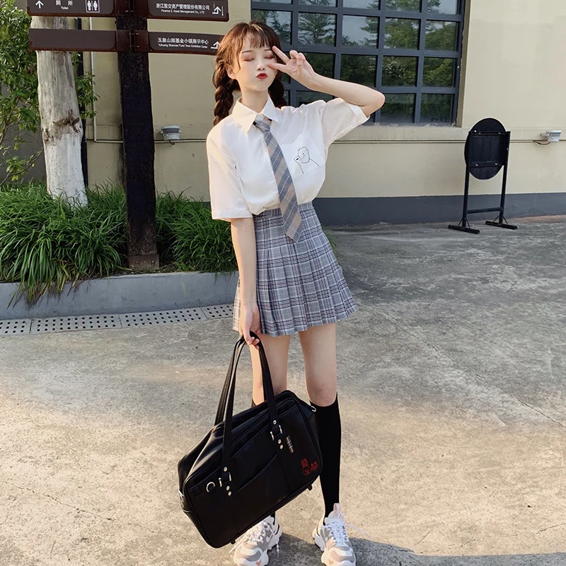 College Wind Suit Female 2020 New Summer Shirt Blouse Thin Pleated Skirt Girl Wind Two-Piece Summer Suit of JK