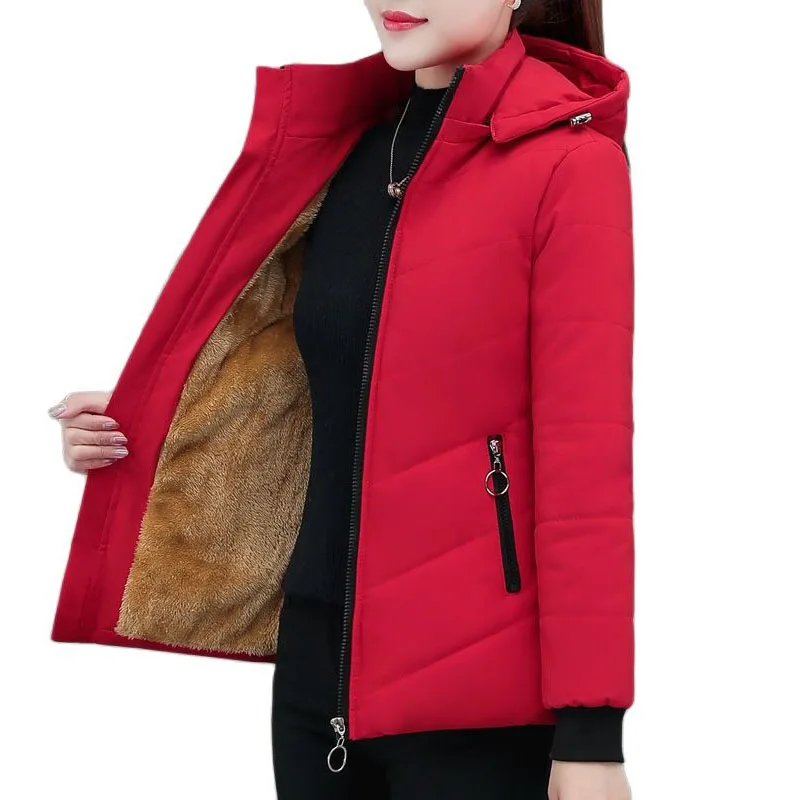 Women Add Velvet Cotton Jacket 2022 New Female Winter Fleece Warm Hood Coat Ladies Down Padded Jackets M- 5XL Coat C