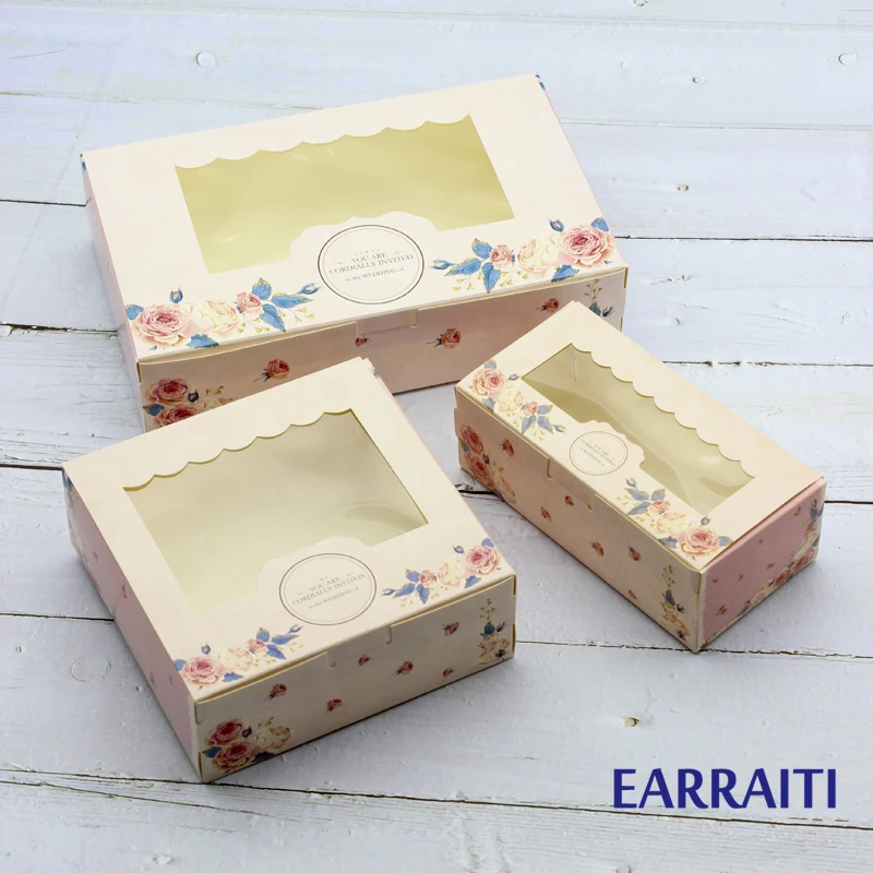 

12PCS Gift Packaging Box With Clear Window Wedding Party Pink Rose Wreath Kraft Paper Box Packaging Cake Food Candy Cookies