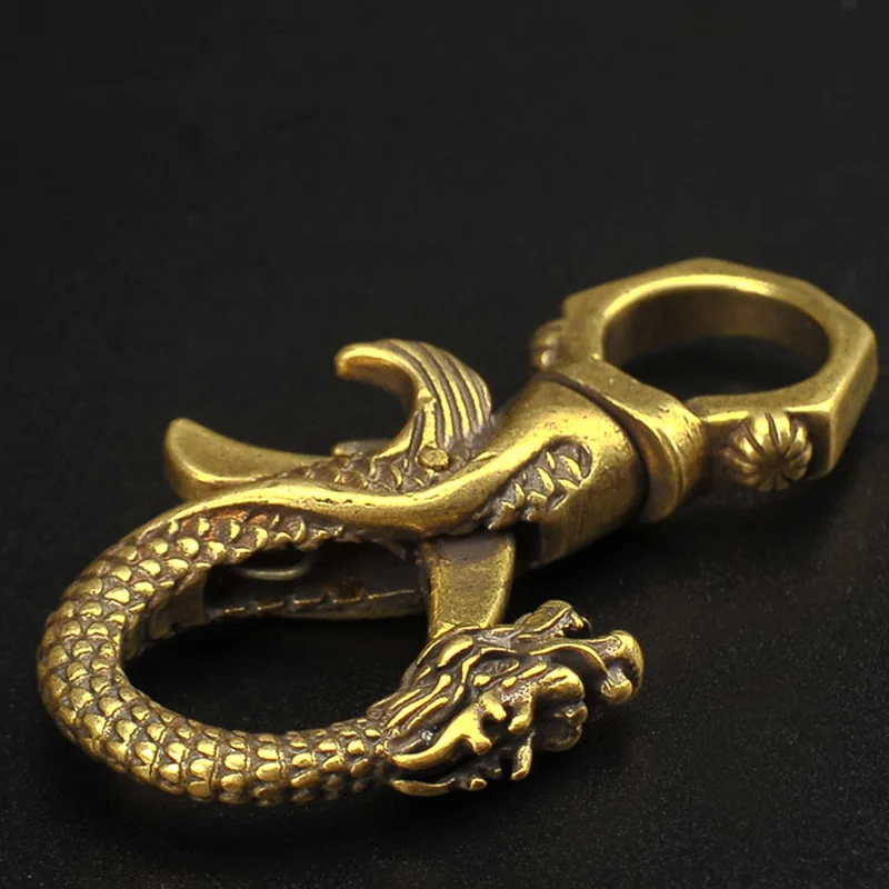 Vintage Brass Dragon Phoenix Couple Keychain Antique Copper Dragon Carabiners Key Chains Men Waist Buckle Car Keys Holder Gifts