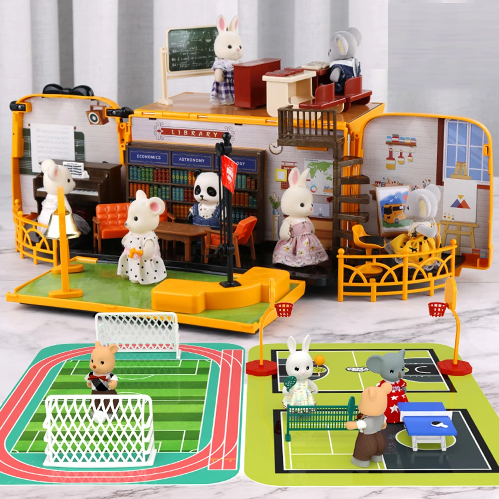 

2022 Forest Family School Bus Elephant Doll 1/12 Miniature Furniture Simulation Basketball Deformation Classroom For Girl Gift