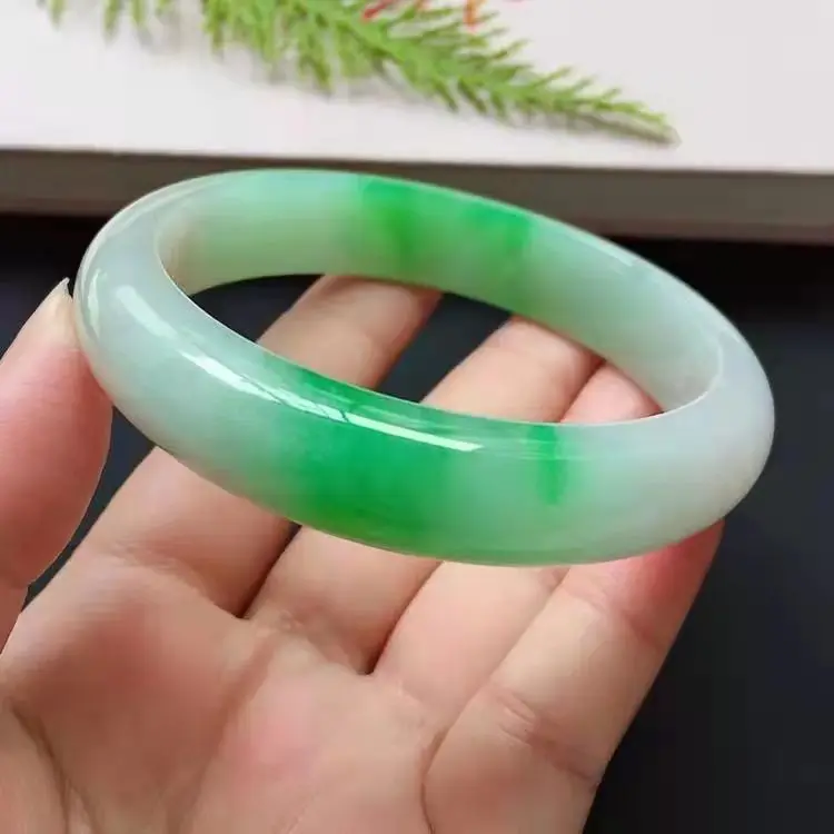 Natural Jade Bracelet Class A Beautiful  Green White Color Interlaced Delicate Bangle Jewelry Lucky Accessories