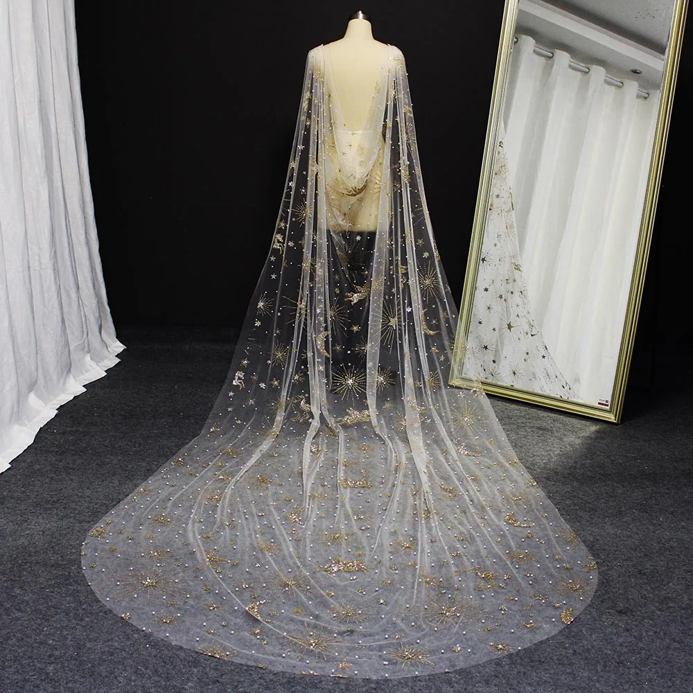 Luxury Pearls Wedding Cape with Gold Dust 3 Meters Long Pearls Wedding Bolero shrugs for women Wedding Accessories