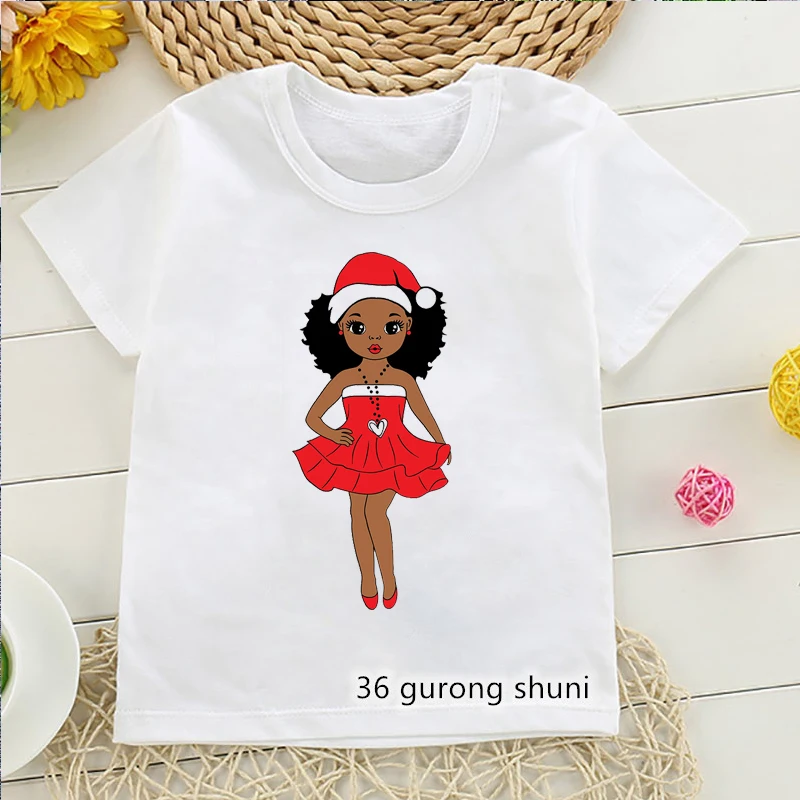 Cute Black Girl Swith Christmas Hat African Black Paint Girls T-Shirt Summer Fashion Black Girls Tshirt White Camisole Tee Tops