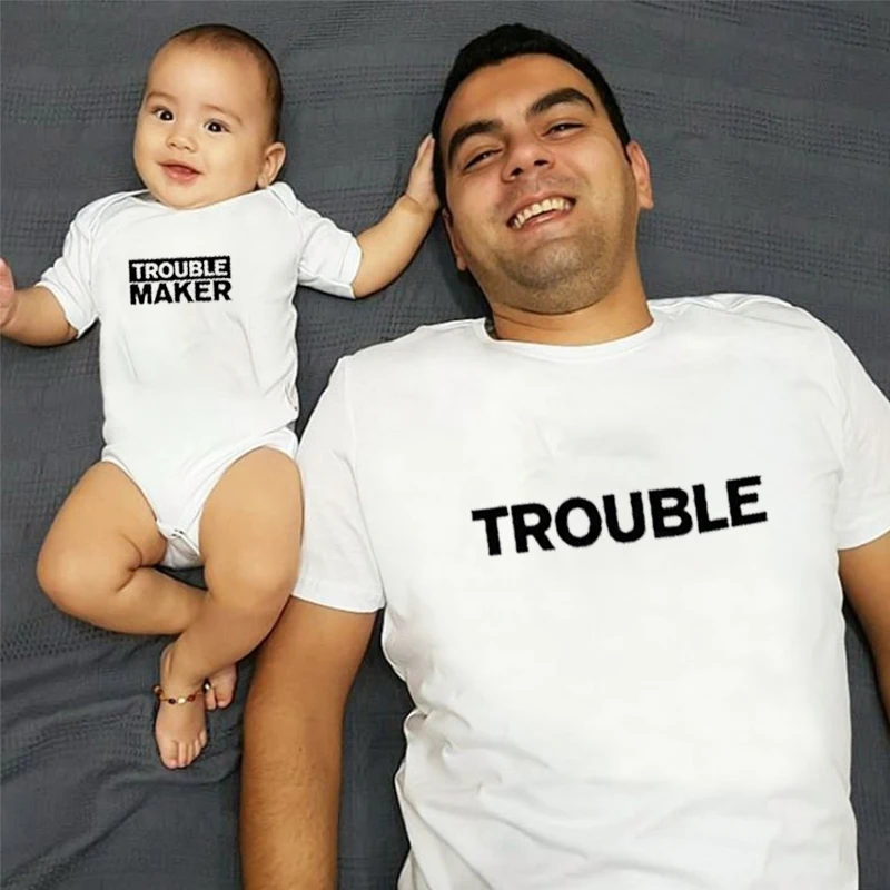 Big Trouble and Little Trouble Dad and Daughter Matching Clothes Baby Clothes Boy Summer Letter  Family Matching Outfits Love