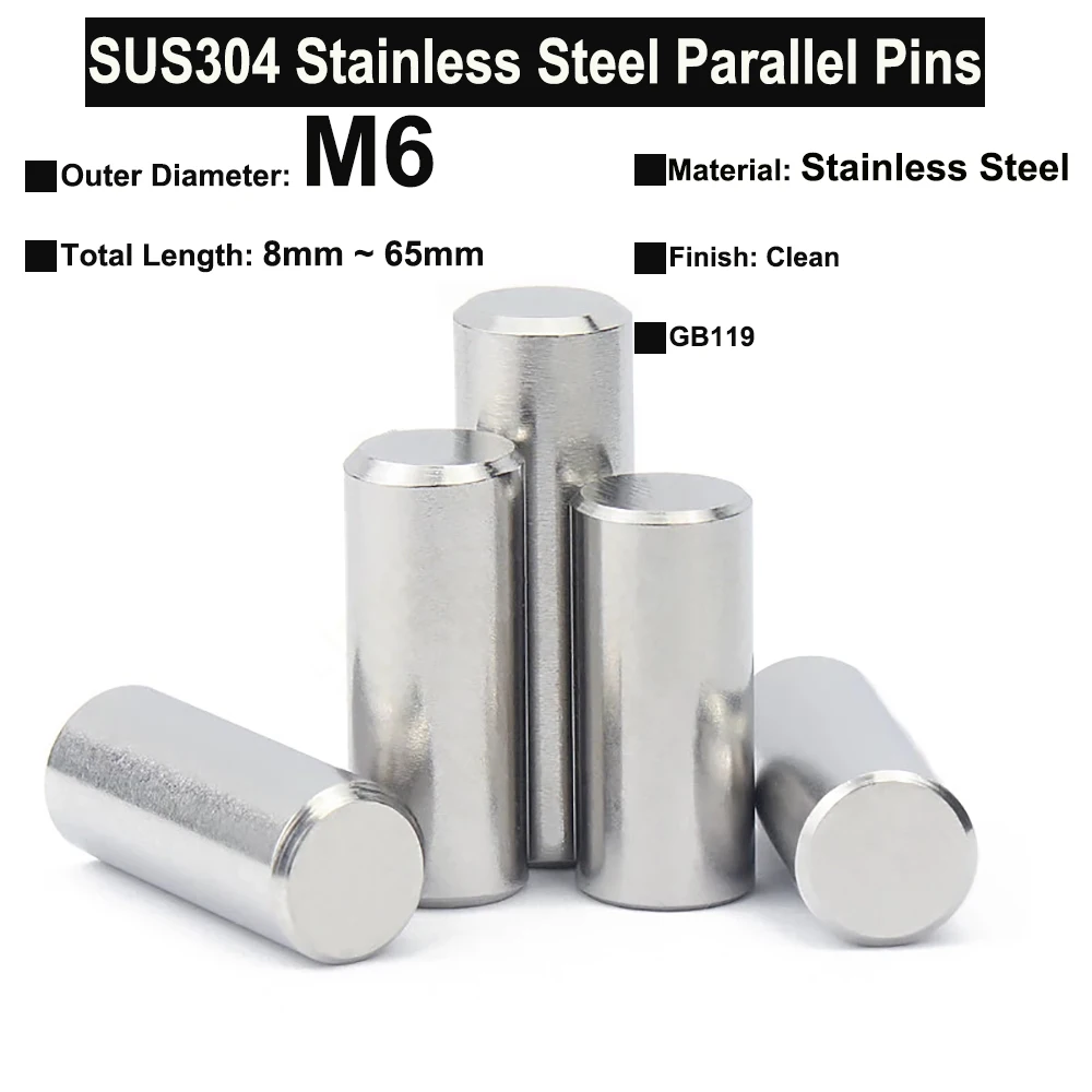 

30Pcs/20Pcs/10Pcs/5Pcs M6x8mm~65mm SUS304 Stainless Steel Parallel Pins Fastener Solid Cylinder Pin Solid Dowle Pin GB119