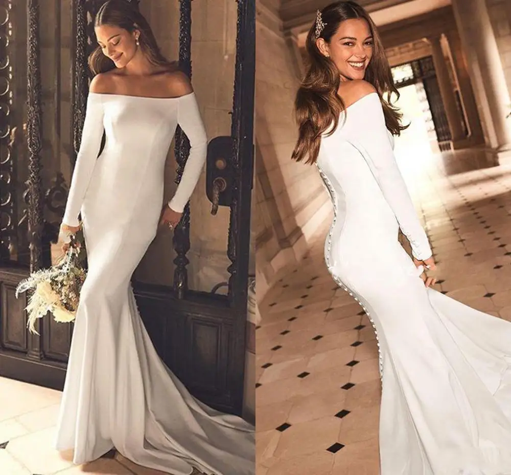 Hot Koop Off Shoulder Mermaid Trouwjurken Lange Mouwen Satin Wedding Gown Backless Simple Boho Bruid Jurk Vestido De Noiva