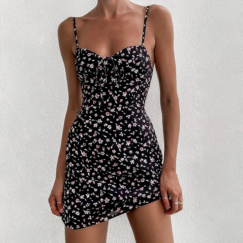 Chic Spaghetti Strap Black Floral Sundress Women Sleeveless V-Neck Mini Bodycon Dress Summer Ladies Sling Backless Vestido