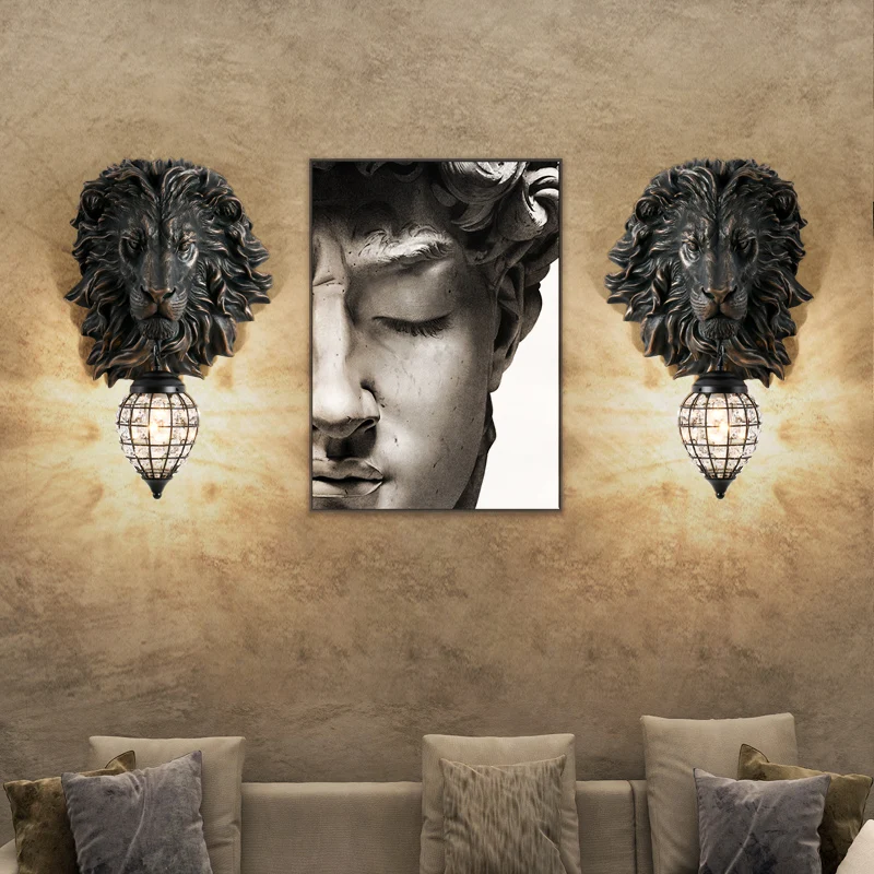 Nordic Black Gold Lion Wall Lights Animal Lion Head Resin Art Wall Lamp Luxury Decor Kitchen Wall Sconce Bedroom Indoor Lighting