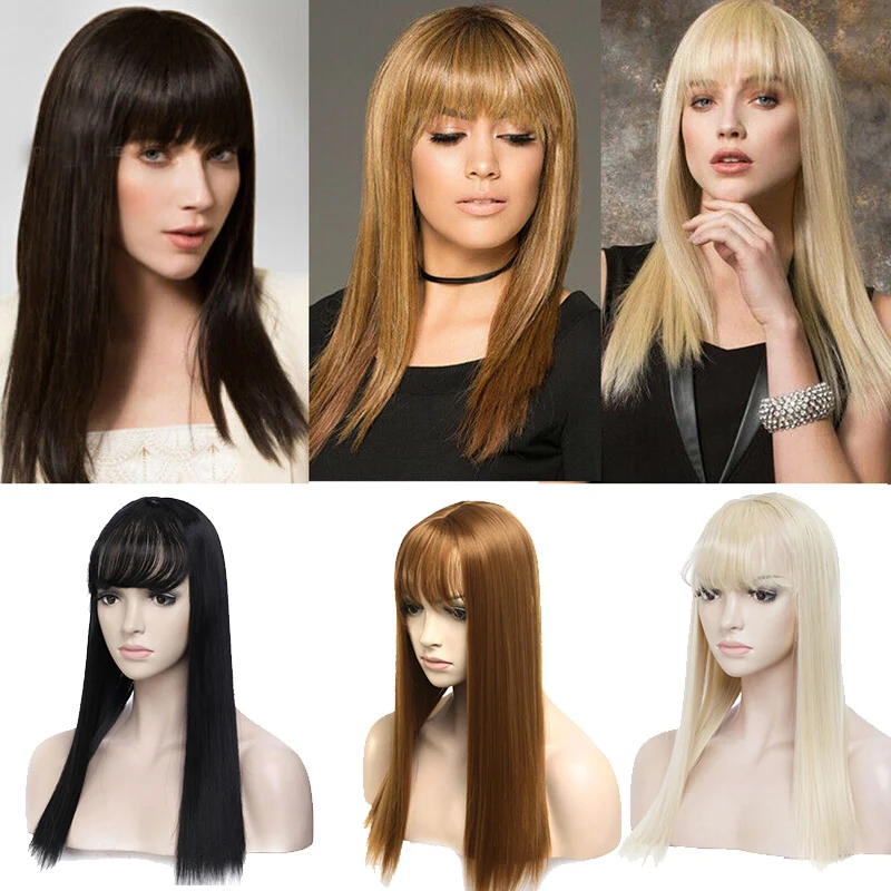 Benehair – postiche synthétique longue et lisse avec frange pour femme, postiche toupet à Clip, faux cheveux avec frange