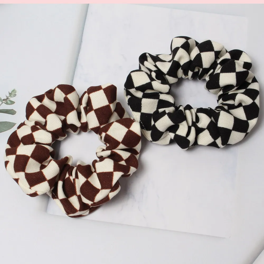 Chessboard Plaid Scrunchies Women Patchwork Hair Tie Elastic Head Bands Hair Ring Girls Rubber Band Ponytail  Hair Accessories