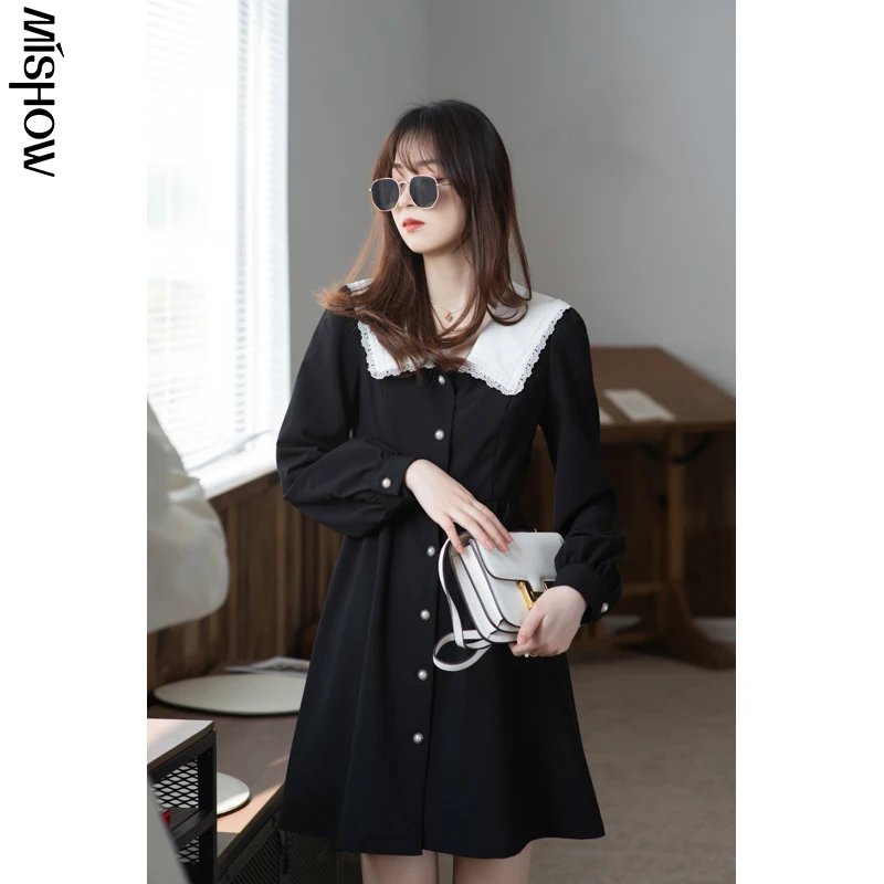 MISHOW 2020 Spring Dresses For Women Large Turn Down Collar Button Up Fashion Long Sleeve Mini Dress Female Vestidos MX21A1649