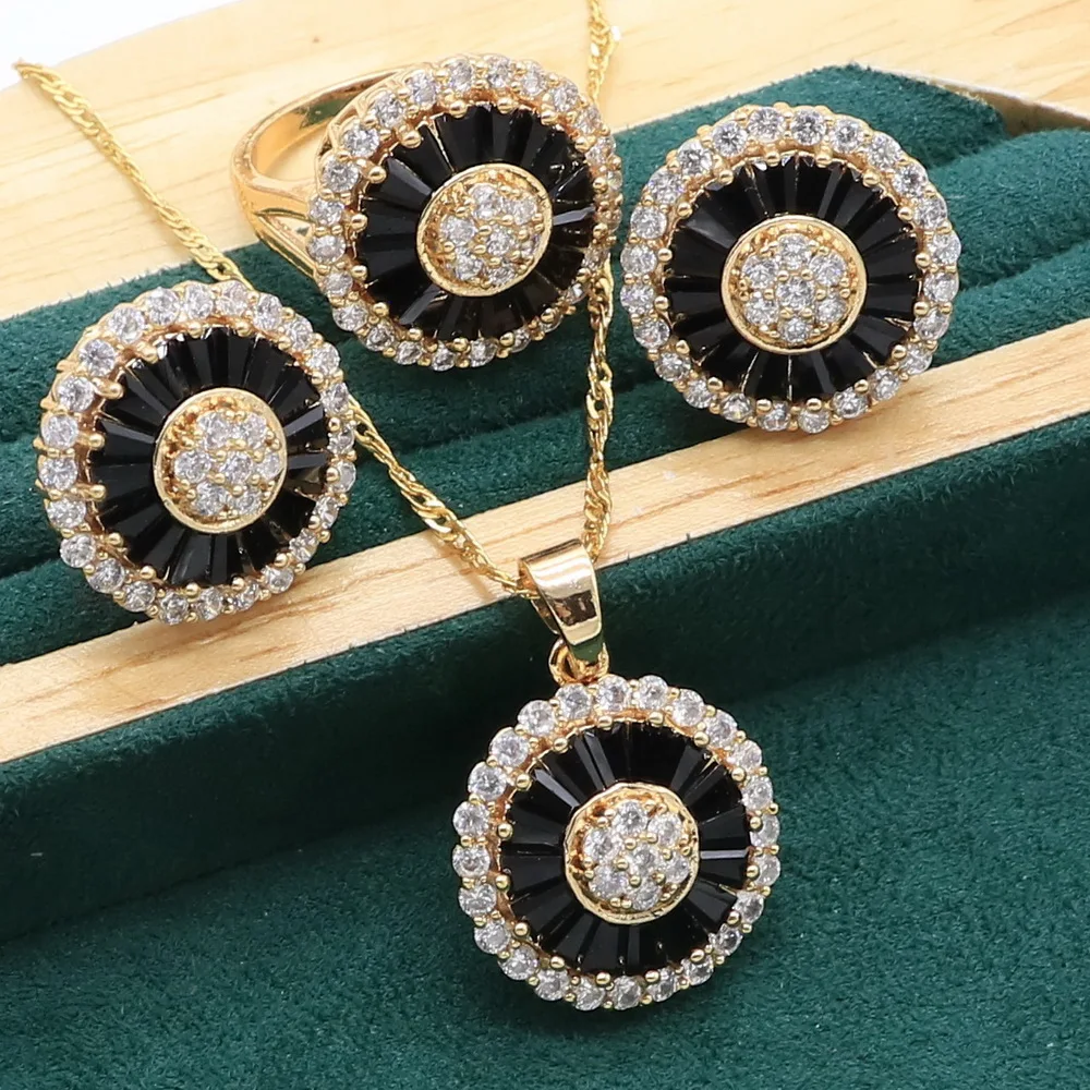 Exquisite Gold Color Jewelry Sets For Women Wedding Black Blue White Crystal Earrings Necklace pendant Ring  Gift