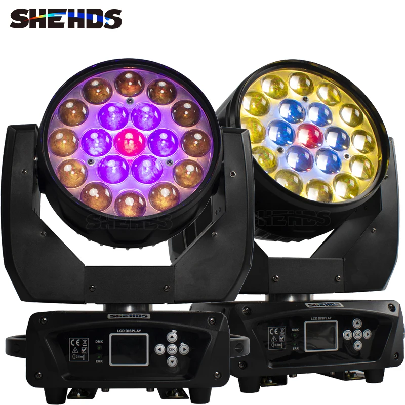 SHEHDS 2PCS Beam+Wash 19x15W RGBW Zoom Moving Head Lighting for Indoor Disco KTV Party Christmas Lights Audience Club