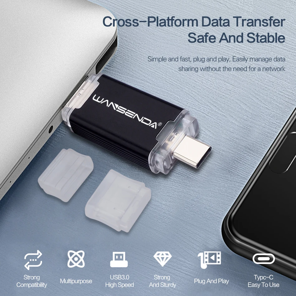 WANSENDA-Tipo C USB Flash Drive, Pen Drive, Celular, Tablet, PC, USB 3.0, 128GB, 256GB, 64GB, 32GB, 128GB