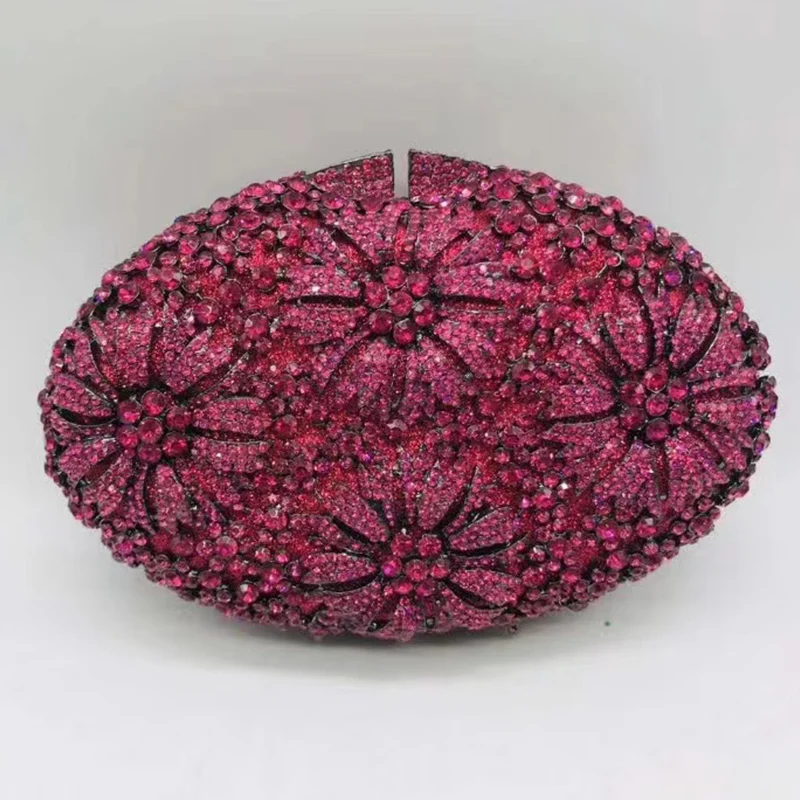 Fuchsia/Pink/Purple Diamond Floral Evening Bags Women Clutches Party Wedding Rhinestones Oval Shape Clutch Girls Purse Wallet