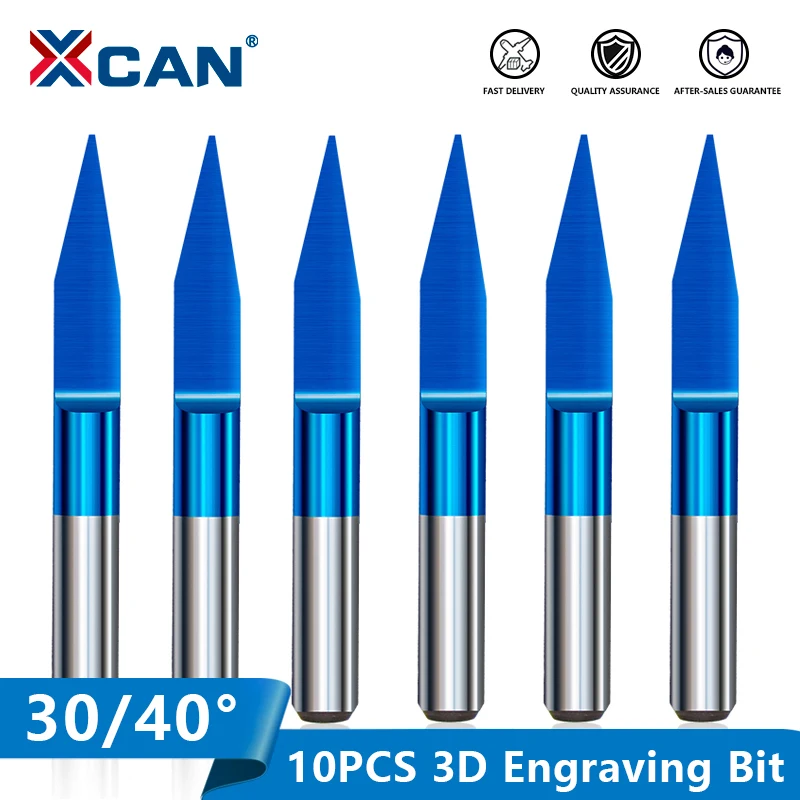 XCAN 10pcs PCB 3D Engraving Bits Blue Coating Carbide V Shape CNC Router Bit 30/40 Degrees Milling Cutter for CNC Engraving